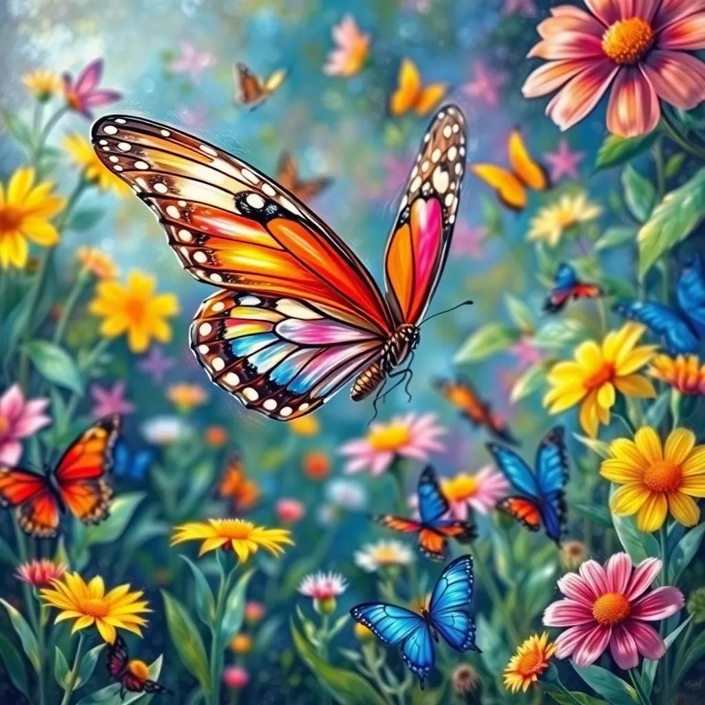 A butterfly showing off her colorful wings in a beautiful garden, all the other butterflies looking amazed and admiring her, vibrant colors, bright light, joyful scene