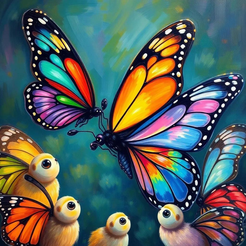A butterfly explaining the meaning of each color on her wings to other butterflies, their eyes wide with admiration, colorful vibrant scene, cheerful lighting, storytelling focus