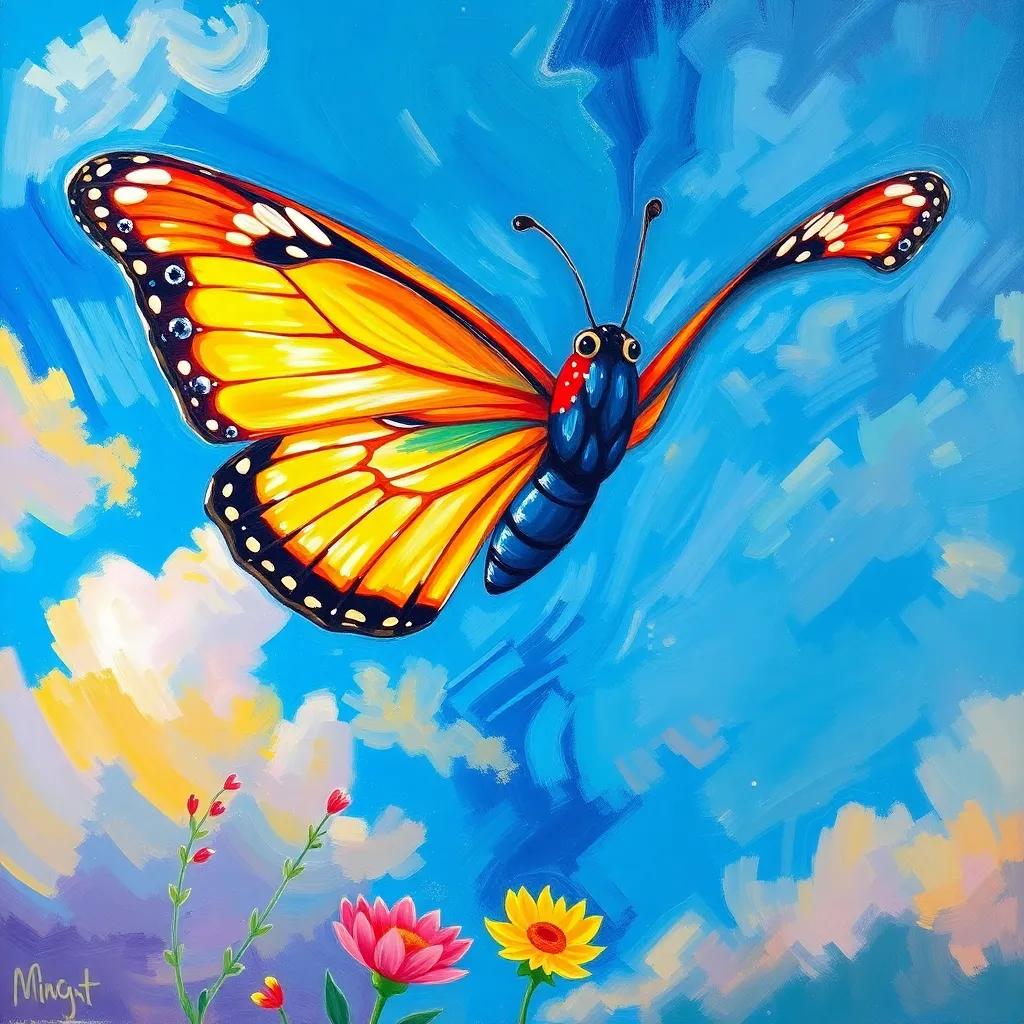 A butterfly confidently flying high in the sky, surrounded by beautiful colors representing her journey, bright and happy atmosphere, inspiring art