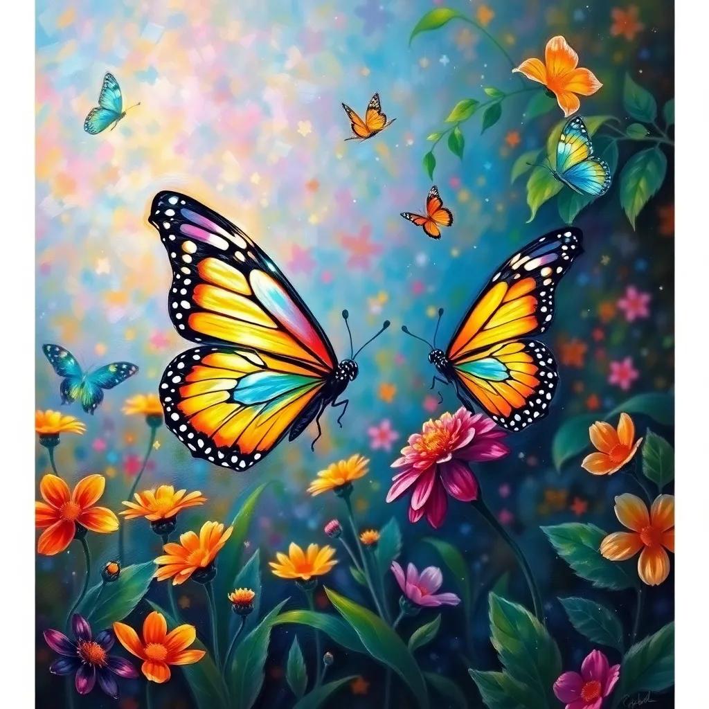 A butterfly spreading joy and colors in the garden, inspiring other butterflies to embrace their own unique journeys, vibrant colors, enchanting light, magical environment