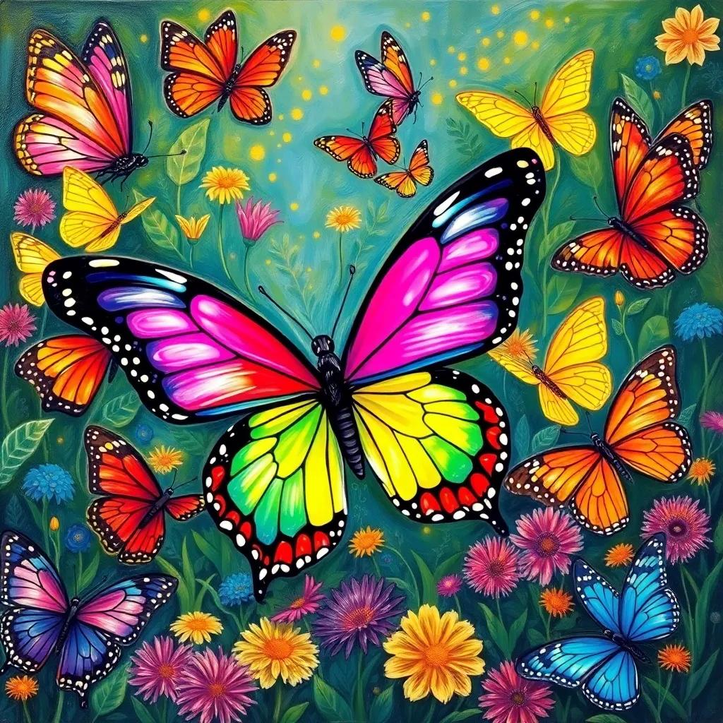 A butterfly with colorful wings surrounded by other butterflies, all embracing their uniqueness and celebrating together in a beautiful garden, happy and festive atmosphere, colorful illustration
