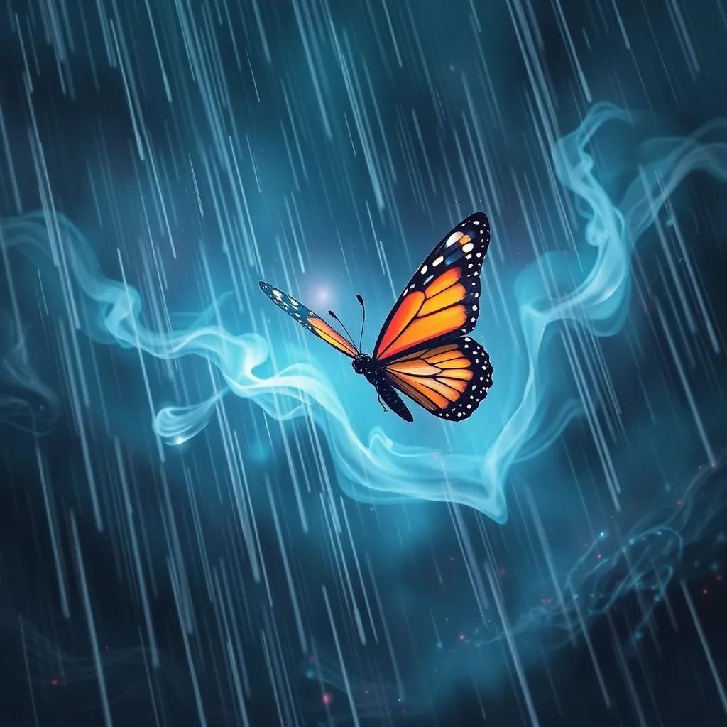 The small butterfly flying through a fierce storm, rain pouring down and strong winds swirling around her, showing determination despite her fear, digital painting, dramatic colors, inspiring scene