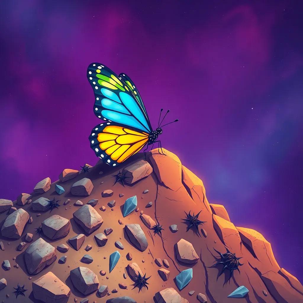The butterfly struggling to climb a steep hill, surrounded by sharp stones and thorns, looking tired but focused on reaching the top, illustration, vivid colors, emotional depiction