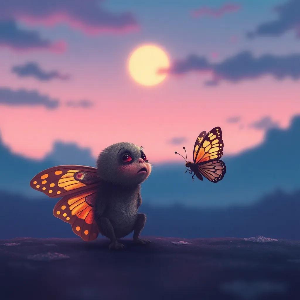 A lonely moth crying under a twilight sky, with the small butterfly comforting her by listening, expressing empathy and kindness, digital art, soft colors, heartwarming scene