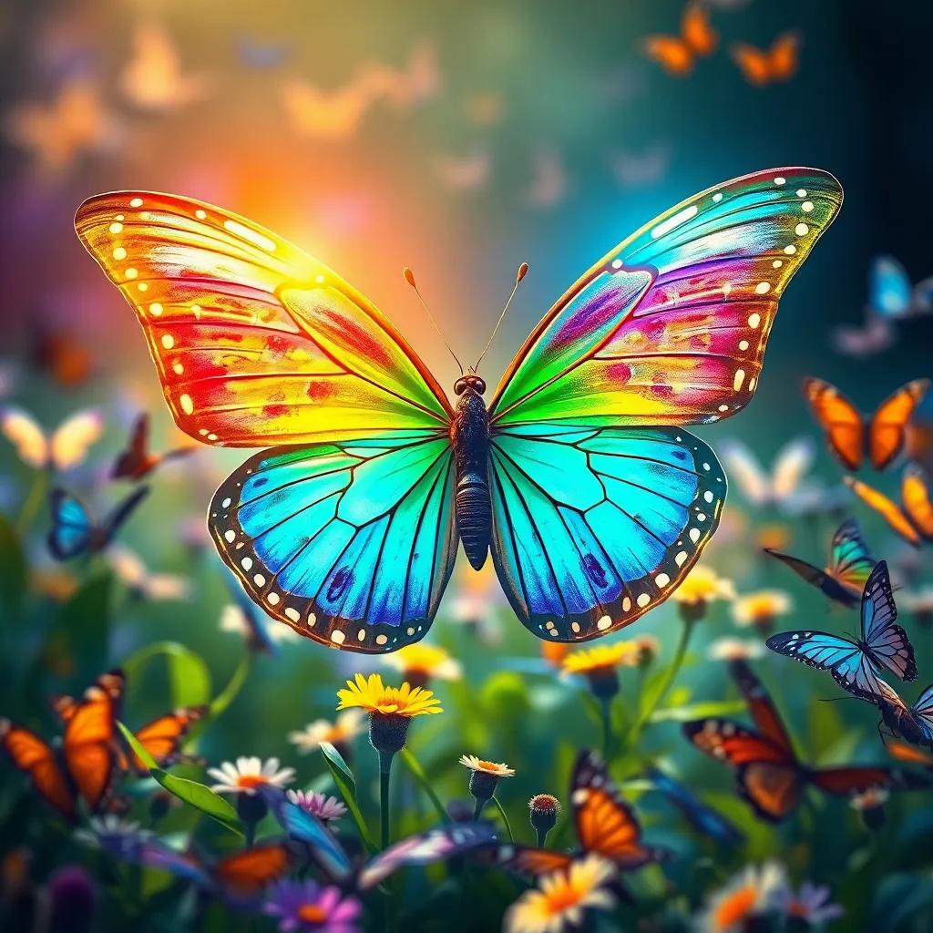 A butterfly with beautiful colorful wings, radiant with blue, green, and gold hues, standing proudly in the garden among amazed butterflies, joyful atmosphere, bright colors, uplifting image
