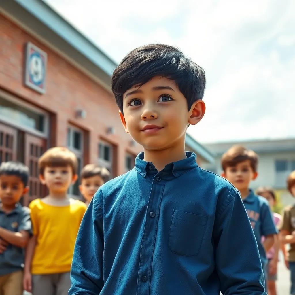 A young boy, Leo, with short black hair in a blue shirt, standing in front of a school building with a group of kids. He looks strong and confident while standing up to his father, who is drunk and fighting, digital art, emotional scene, bright colors, uplifting atmosphere, high quality