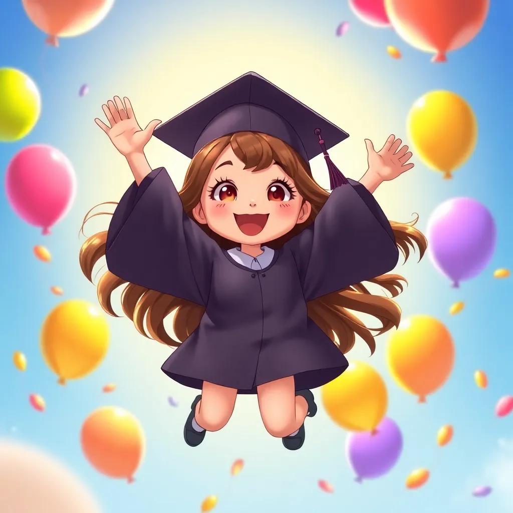 A young girl, Mia, with long brown hair wearing a graduation cap and gown, jumping joyfully with bright sun in the background, colorful balloons floating around, digital art, vibrant colors, cheerful atmosphere, high quality