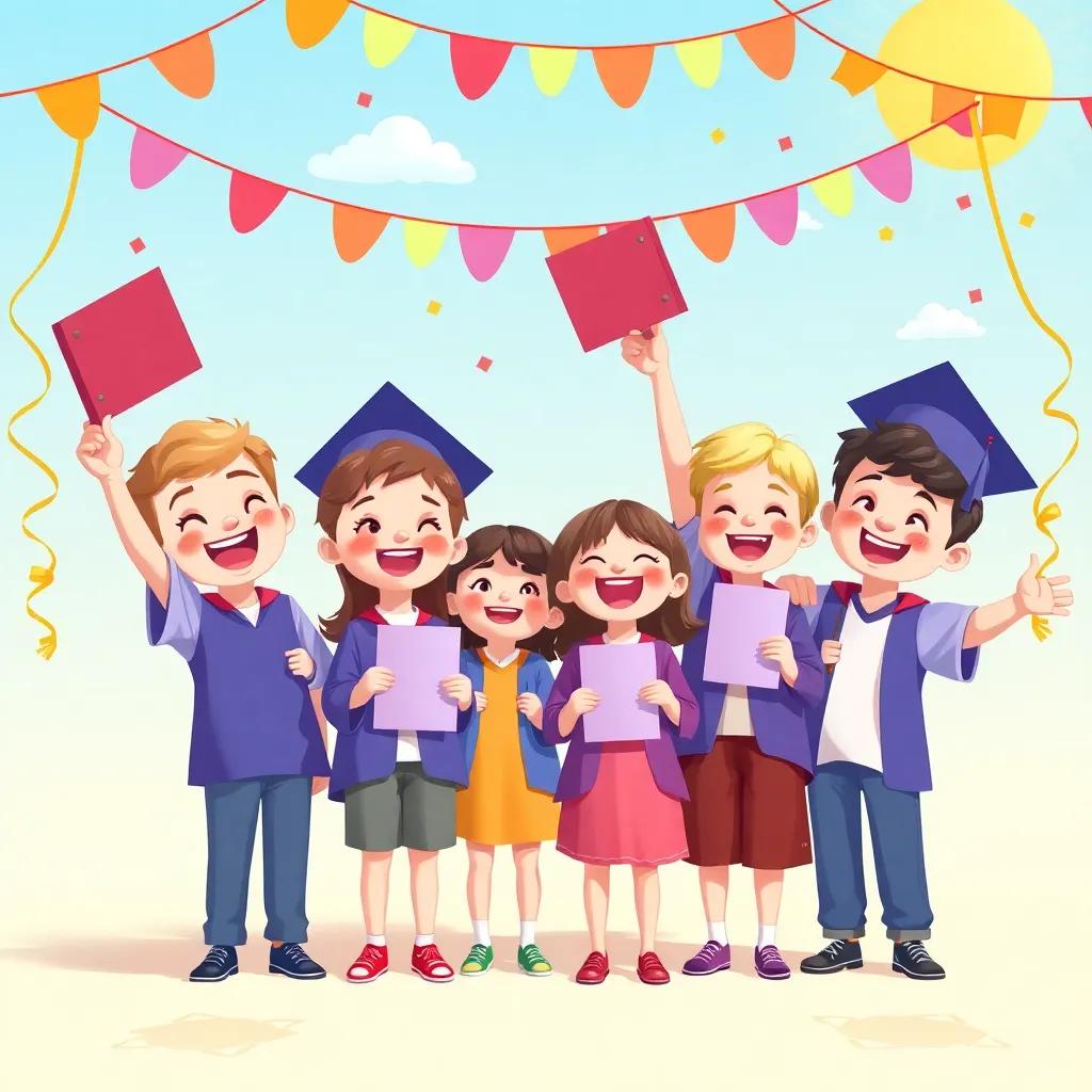 A group of children celebrating, holding their diplomas, laughing and cheering, with colorful decorations and a sunny sky, illustration, joyful scene, child-friendly, high quality