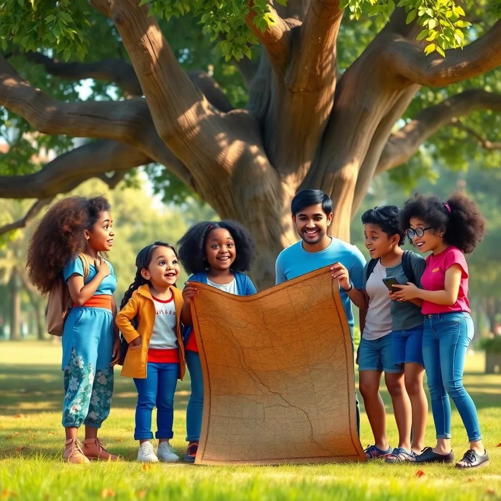A group of friends, diverse in ethnicity and age, excitedly looking at an ancient map under a large tree in a park, vibrant colors, cheerful atmosphere, outdoor scene, high quality