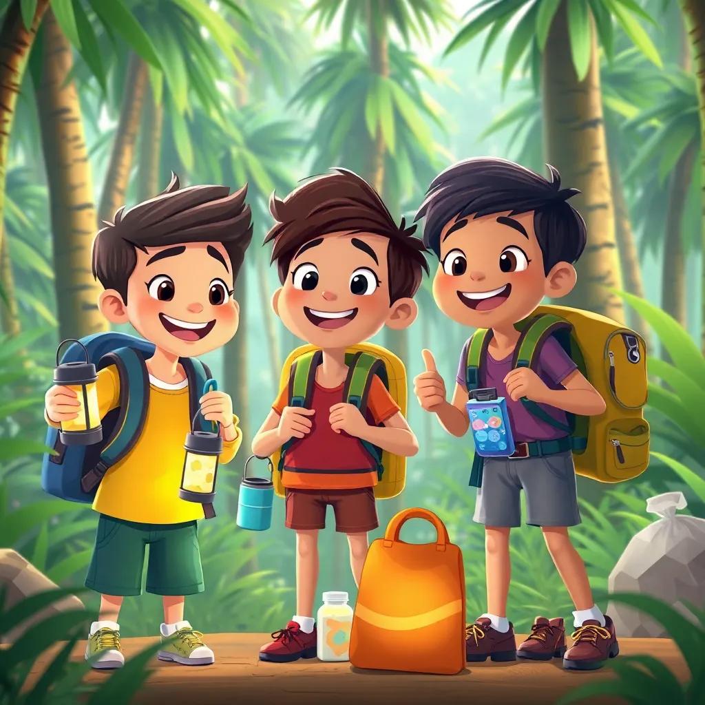 The friends excitedly preparing for their adventure, packing backpacks with lanterns, water bottles, and snacks, jungle background with tall green trees, colorful, lively scene, high quality