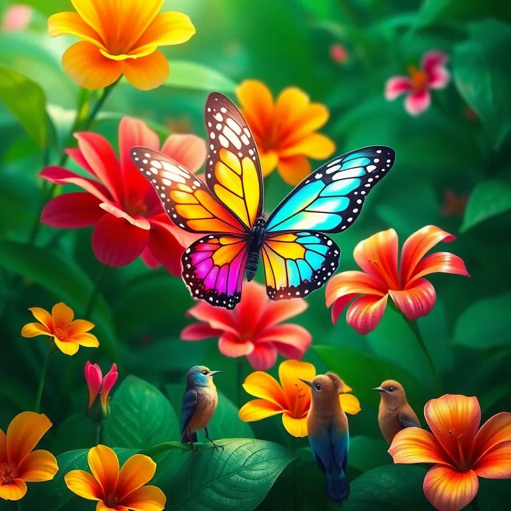 A bright and colorful butterfly fluttering among vibrant tropical flowers, with the friends observing in awe, lush green background, detailed digital art, enchanting atmosphere, high quality