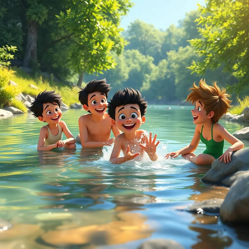 The friends relaxing by a clear, sparkling river, Tiago splashing in the water while the others laugh, surrounded by greenery, joyful scene, bright sunlight, high quality