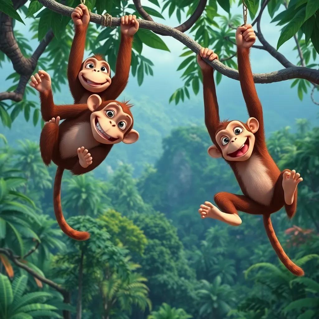 Playful monkeys swinging in the trees, making funny faces at the friends below, lush Amazon rainforest in the background, colorful and lively scene, high quality