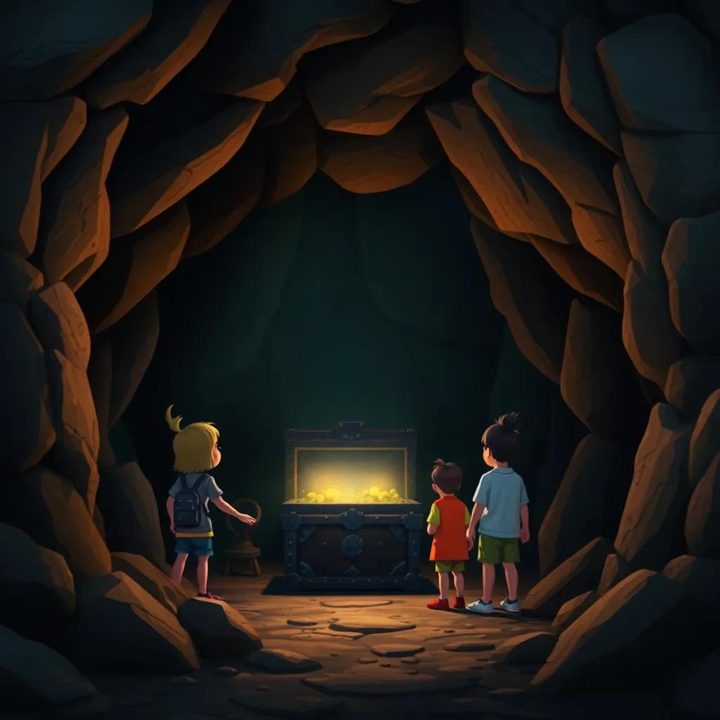 The entrance of a mysterious cave with a shimmering treasure chest, the friends peering inside with excitement, dark cave interior contrasted by bright treasure glow, adventurous atmosphere, high quality