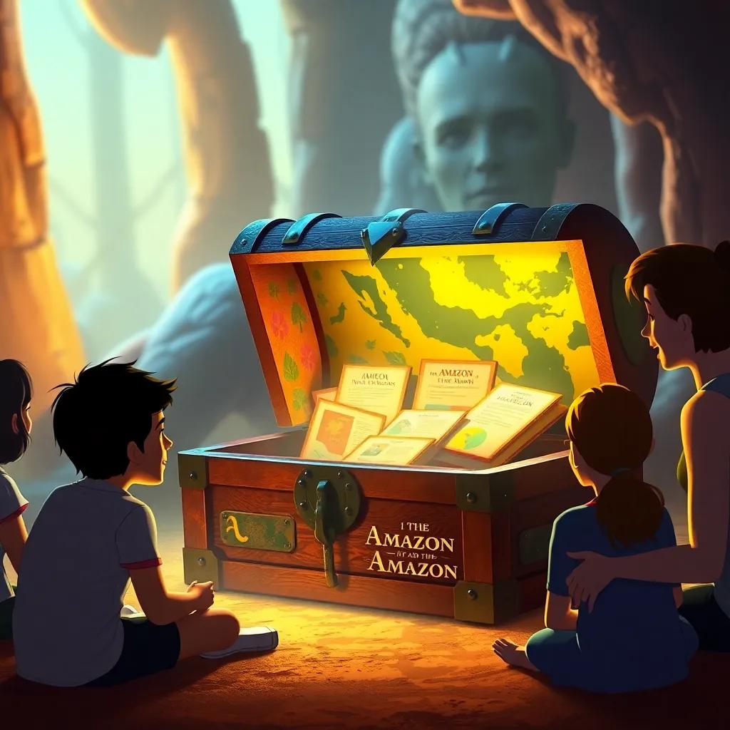The treasure chest opened revealing glowing books about the Amazon, friends gathered around in awe, warm light, a feeling of discovery and joy, high quality
