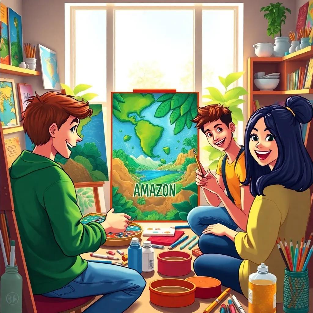 The friends creating colorful posters and paintings about the Amazon, in a bright room filled with art supplies, enthusiastic expressions, vibrant colors, high quality