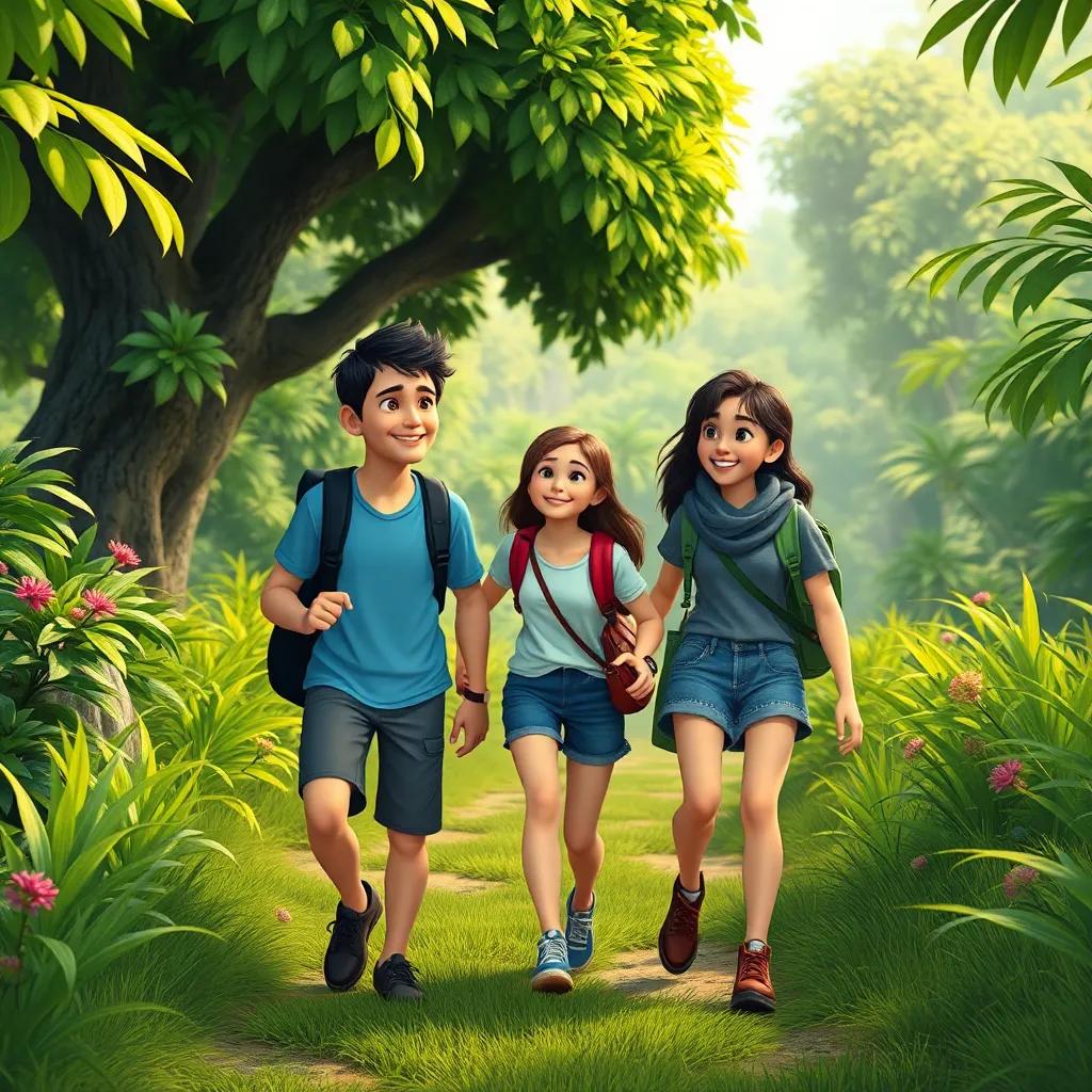 The friends walking back from their adventure, smiling and planning how to share their knowledge, lush greenery around them, feeling of accomplishment and friendship, high quality