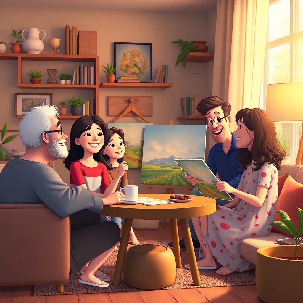 The friends at home sharing their ideas and showing paintings to family and friends, a cheerful atmosphere of awareness and protection, warm and inviting interior, high quality