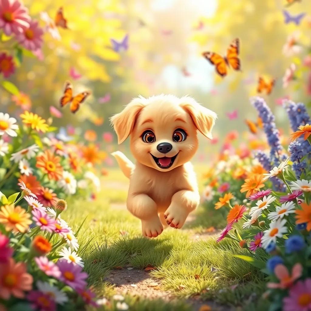 A small, golden puppy named Bella, running happily in a colorful garden filled with flowers and butterflies, bright sunny day, cheerful atmosphere, digital art, vibrant colors, high quality