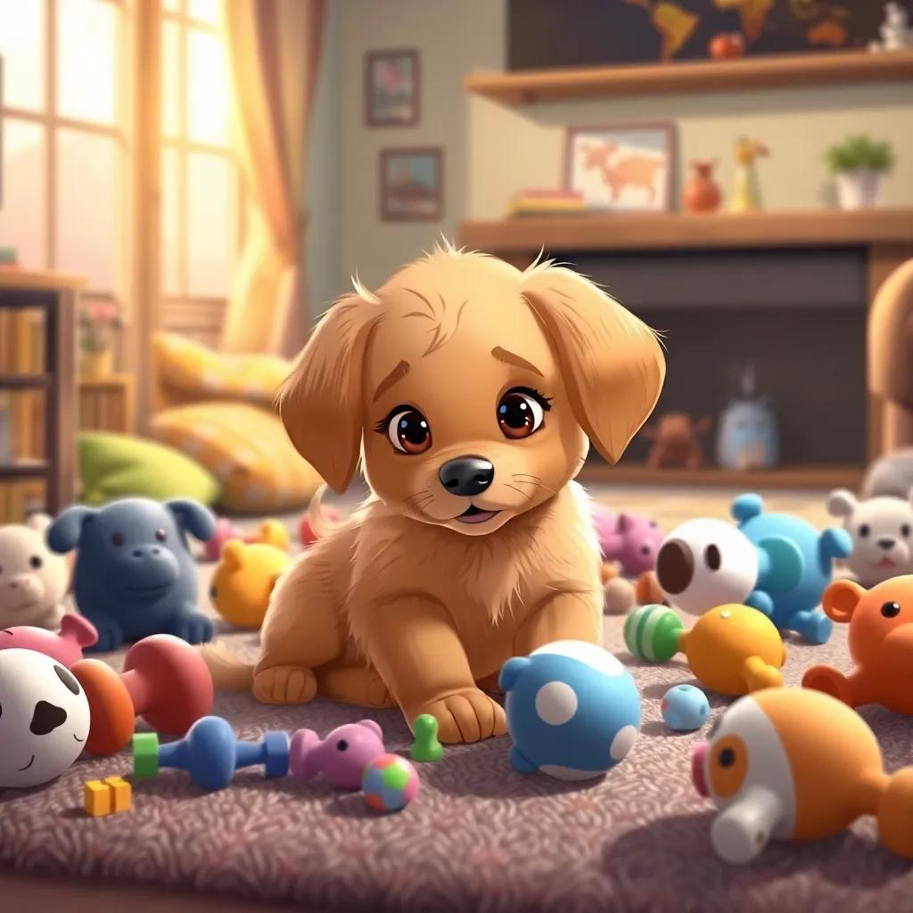 Bella, a small golden puppy, surrounded by toys scattered all around, looking a bit mischievous in a cozy living room, soft lighting, warm colors, playful mood, detailed illustration