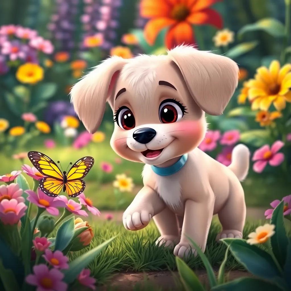 Bella, the little puppy, chasing a butterfly instinctively, with a cute expression on her face, lush garden background, colorful plants and flowers, cheerful digital art, inviting scene, high quality