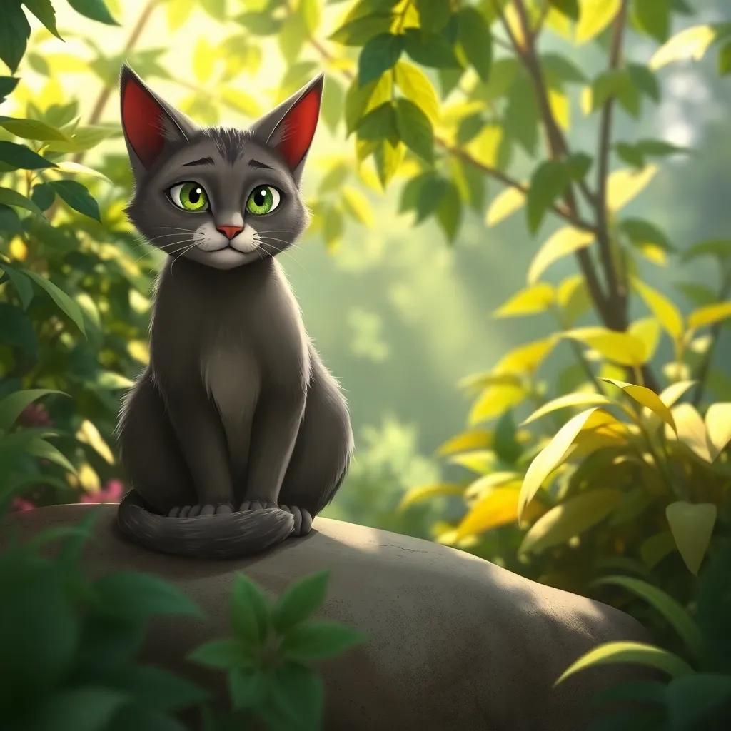 A wise gray cat named Tico, sitting calmly on a garden stone, watching Bella with green eyes, lush foliage around, sunlight filtering through leaves, peaceful atmosphere, detailed illustration