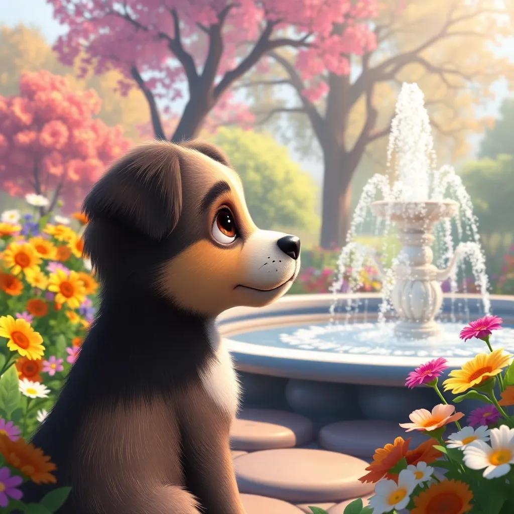 Bella, the puppy, introspective as she looks around at the flowers, trees and fountain, realizing there’s more to explore, colorful garden, bright sunlight, reflective moment, digital painting