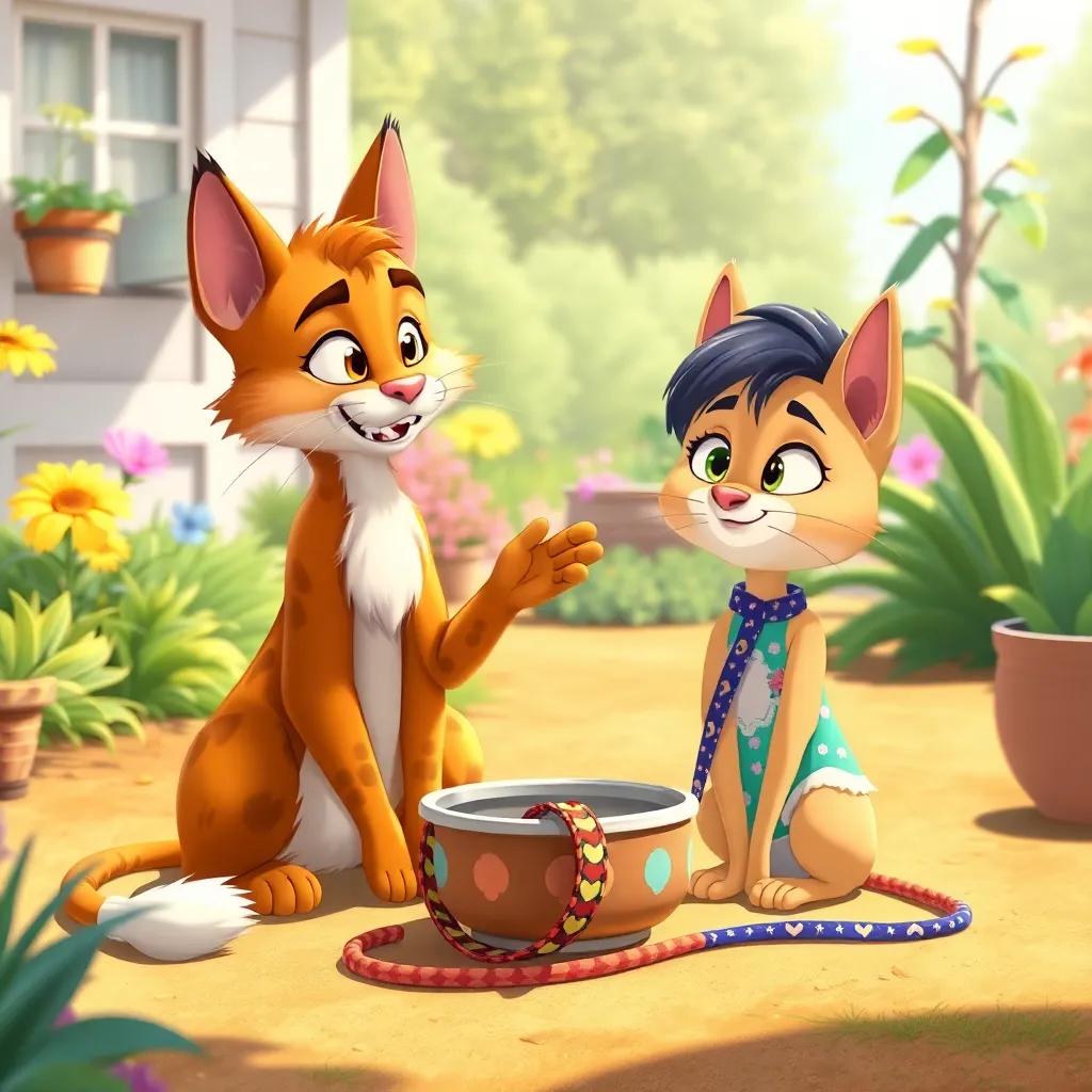Tico, the wise cat, teaching Bella how to follow rules, both characters sitting by a bowl with a colorful leash nearby, sunny garden setting, friendly atmosphere, bright colors, detailed illustration