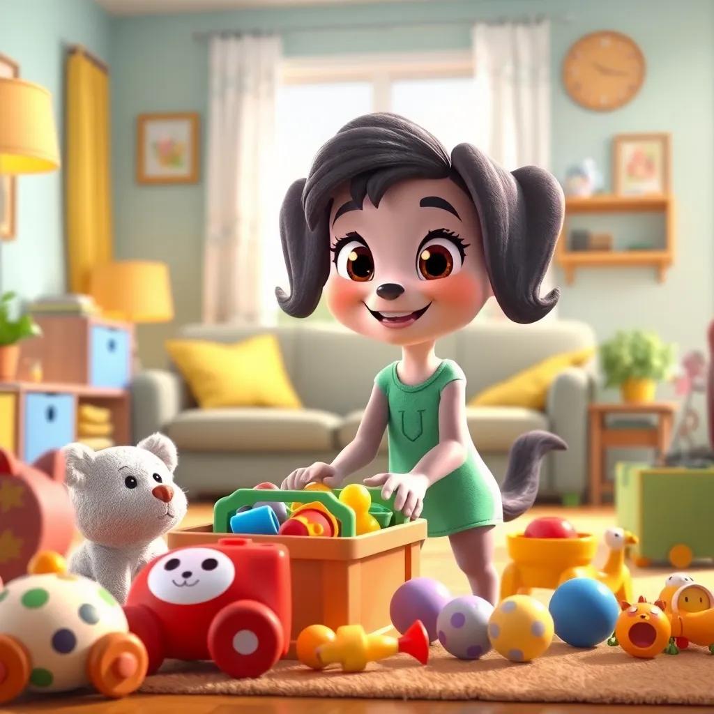 Bella helping to pick up toys in a living room, looking focused and organized, with a happy expression, bright and cheerful surroundings, warm lighting, playful scene, digital art