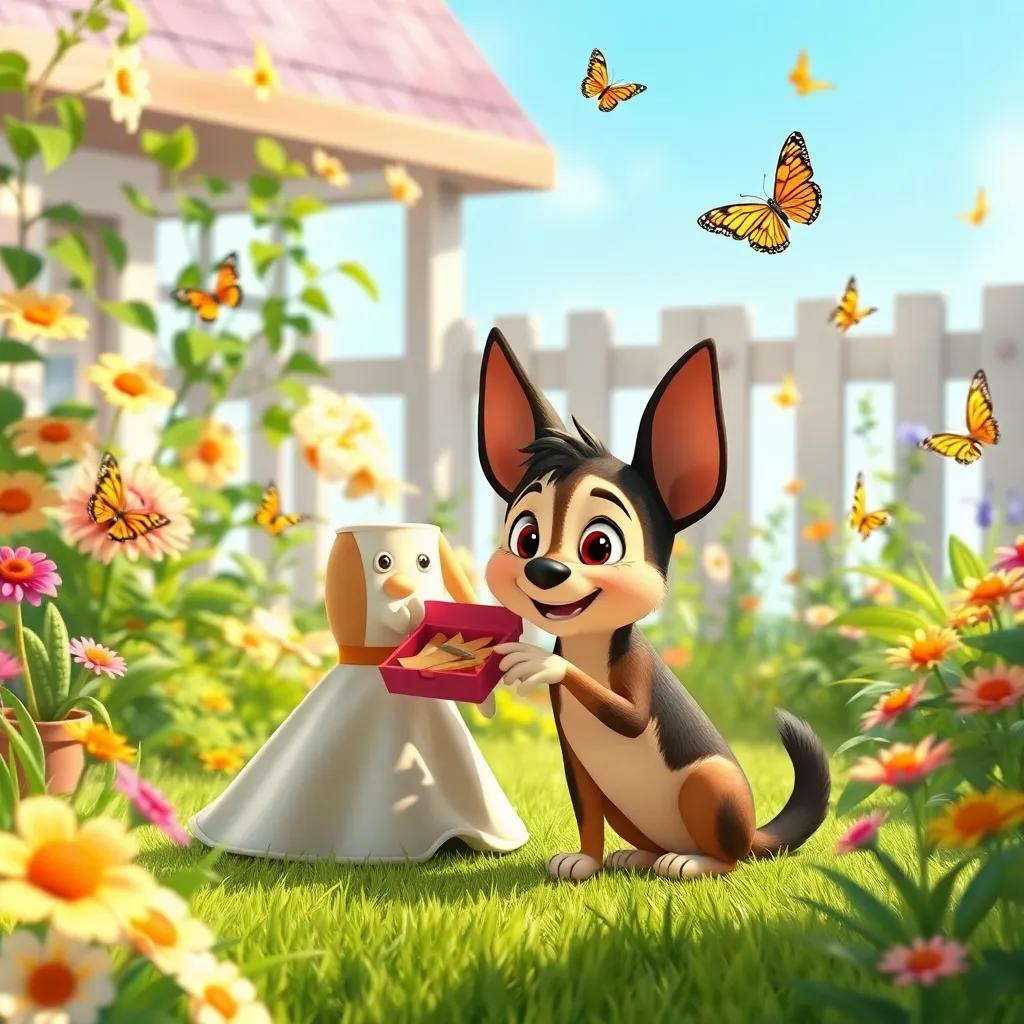Bella and Tico playing together in the garden, Bella looking organized and happy, both enjoying a sunny day with butterflies around, bright and lively atmosphere, detailed digital art
