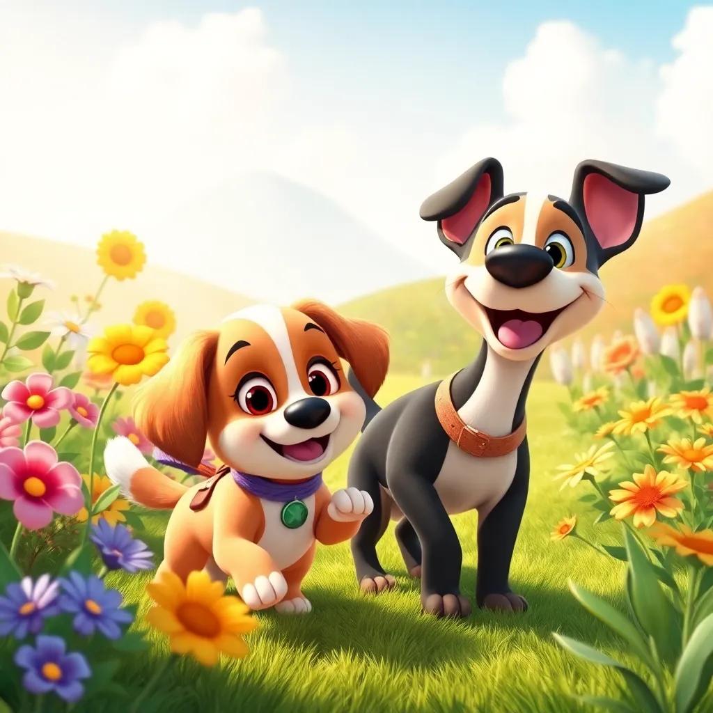 Bella, the organized puppy, happily exploring the garden with Tico, joyful and together in a bright, colorful landscape, sunny day, playful scene, high quality digital art