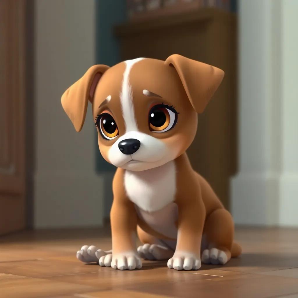 A small dog, Lila, a brown and white puppy, sitting on the floor with big teary eyes, looking sad, detailed digital art, soft colors, warm atmosphere, high quality