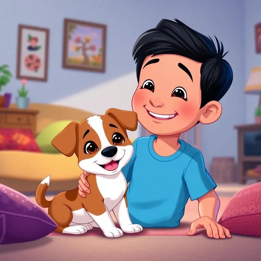 Lila, the small brown and white puppy, playing with Miguel, a young boy with short black hair and blue shirt, both smiling in the living room, colorful illustration, cheerful vibe, high quality