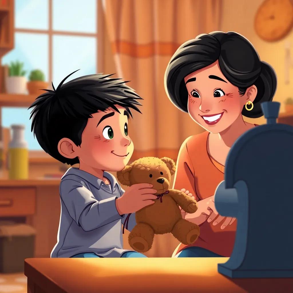Miguel, a young boy with short black hair, holding a torn teddy bear, looking at his mother who is smiling and sitting at a sewing machine, bright and warm lighting, cozy home interior, illustration, uplifting