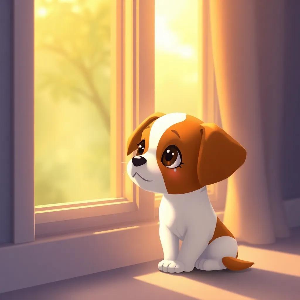 Lila, the small brown and white puppy, sitting by the window looking outside, her eyes shiny with tears, soft golden light coming in, peaceful atmosphere, detailed art, heartwarming