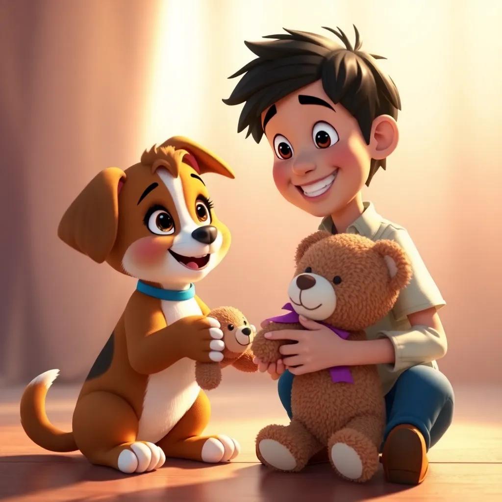 Lila, the small brown and white puppy, receiving her repaired teddy bear from Miguel, both looking happy and excited, bright colors, warm light, joyful moment, high quality