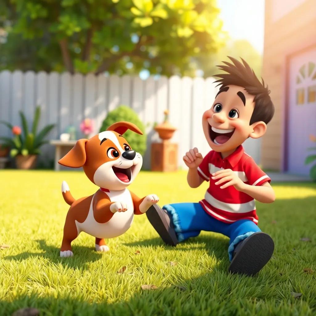 Lila, the small brown and white puppy, playing fetch with Miguel in a sunny backyard, both laughing and having fun, vibrant colors, joyful, lively scene, detailed digital art