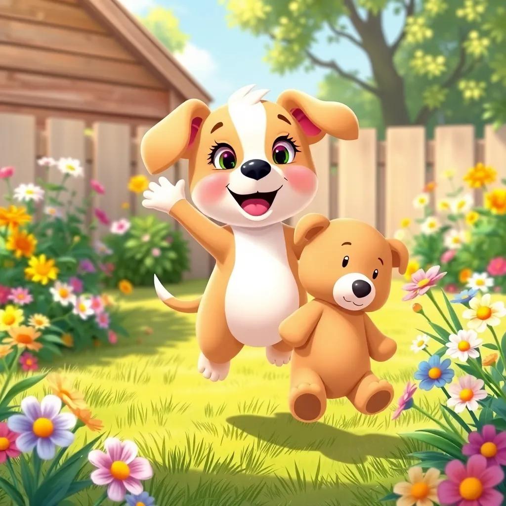 Lila, the puppy, jumping around happily with her teddy bear in the backyard, full of flowers and sunshine, colorful illustration, cheerful, bright and inviting, high quality