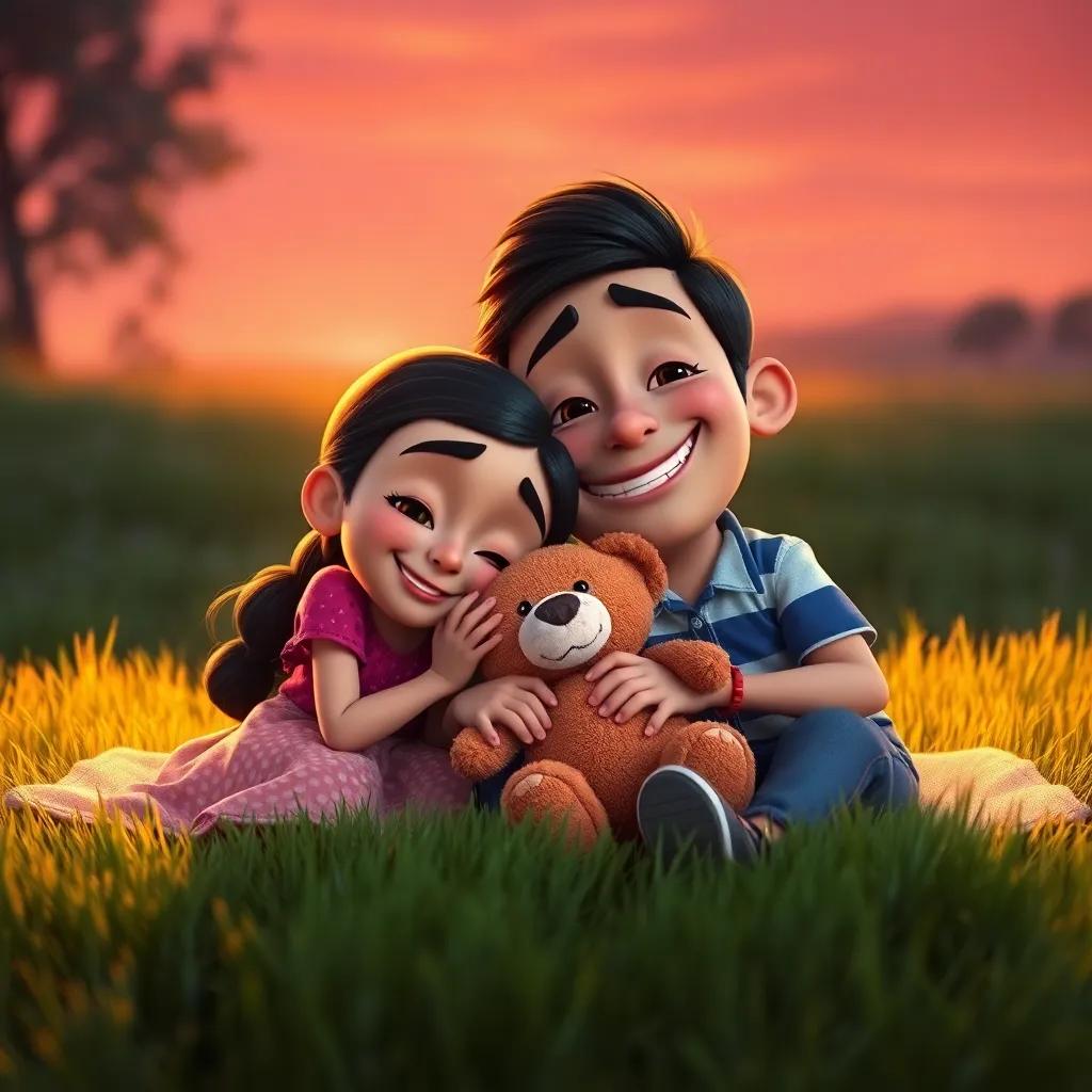 Lila and Miguel, nestled together on the grass, tired but happy after a long day, smiling and cuddled with the teddy bear, warm sunset lighting, heartwarming scene, high quality