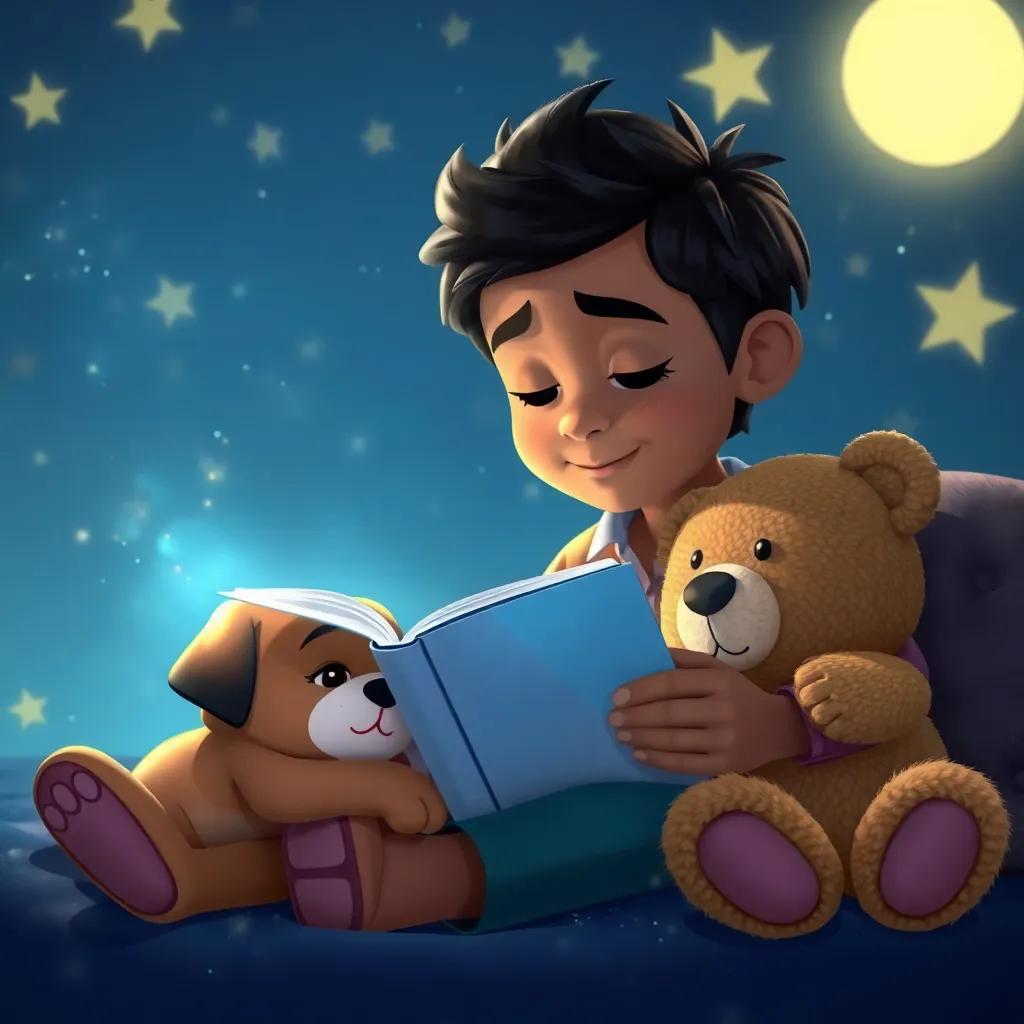 Lila, the puppy, cuddled up next to Miguel, who is reading a book under the stars with the teddy bear, soft moonlight illuminating the scene, peaceful, cozy atmosphere, high quality