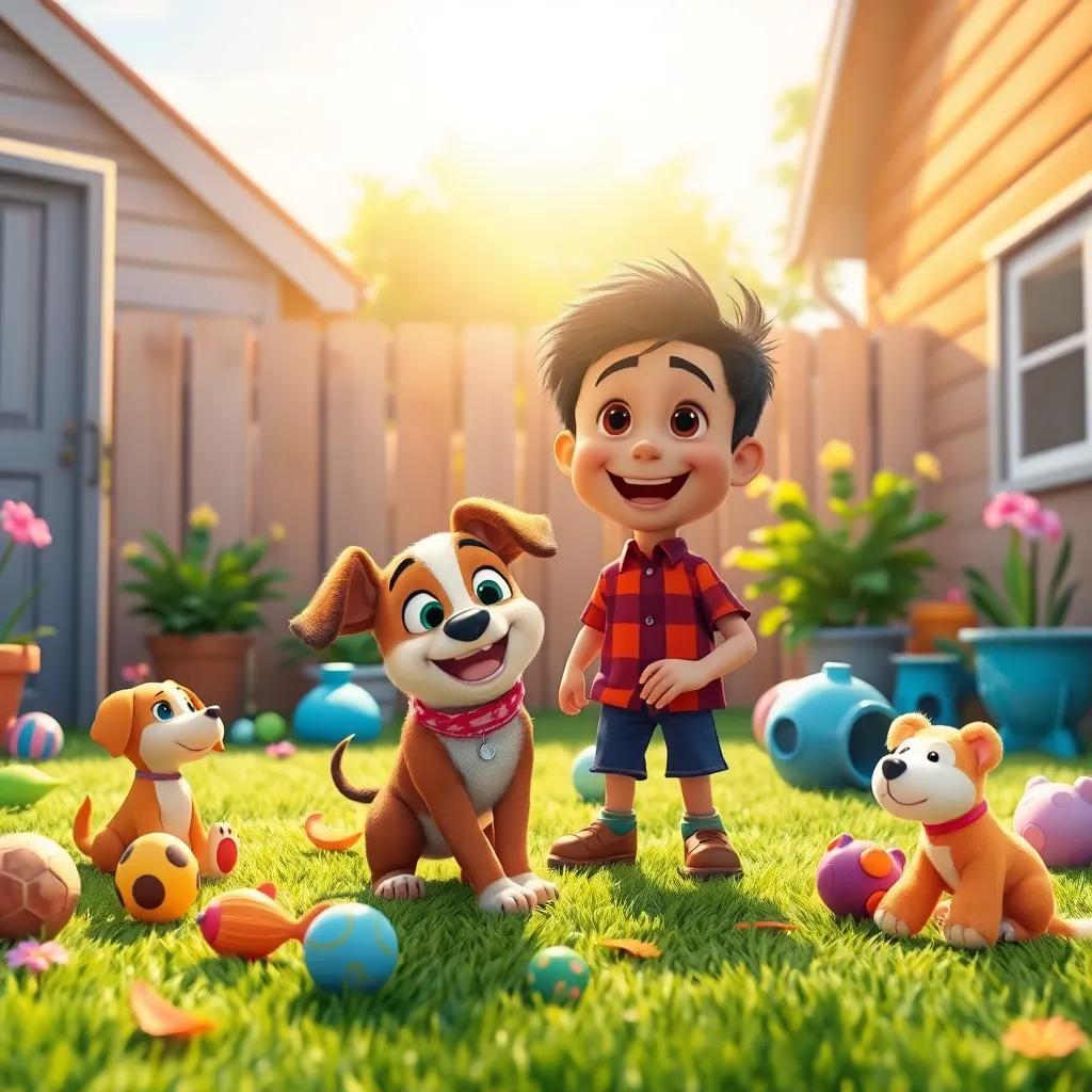 Lila, the puppy, and Miguel, happily playing in the backyard with other toys, the sun shining down, creating a lively, vibrant setting, joyful and bright colors, high quality