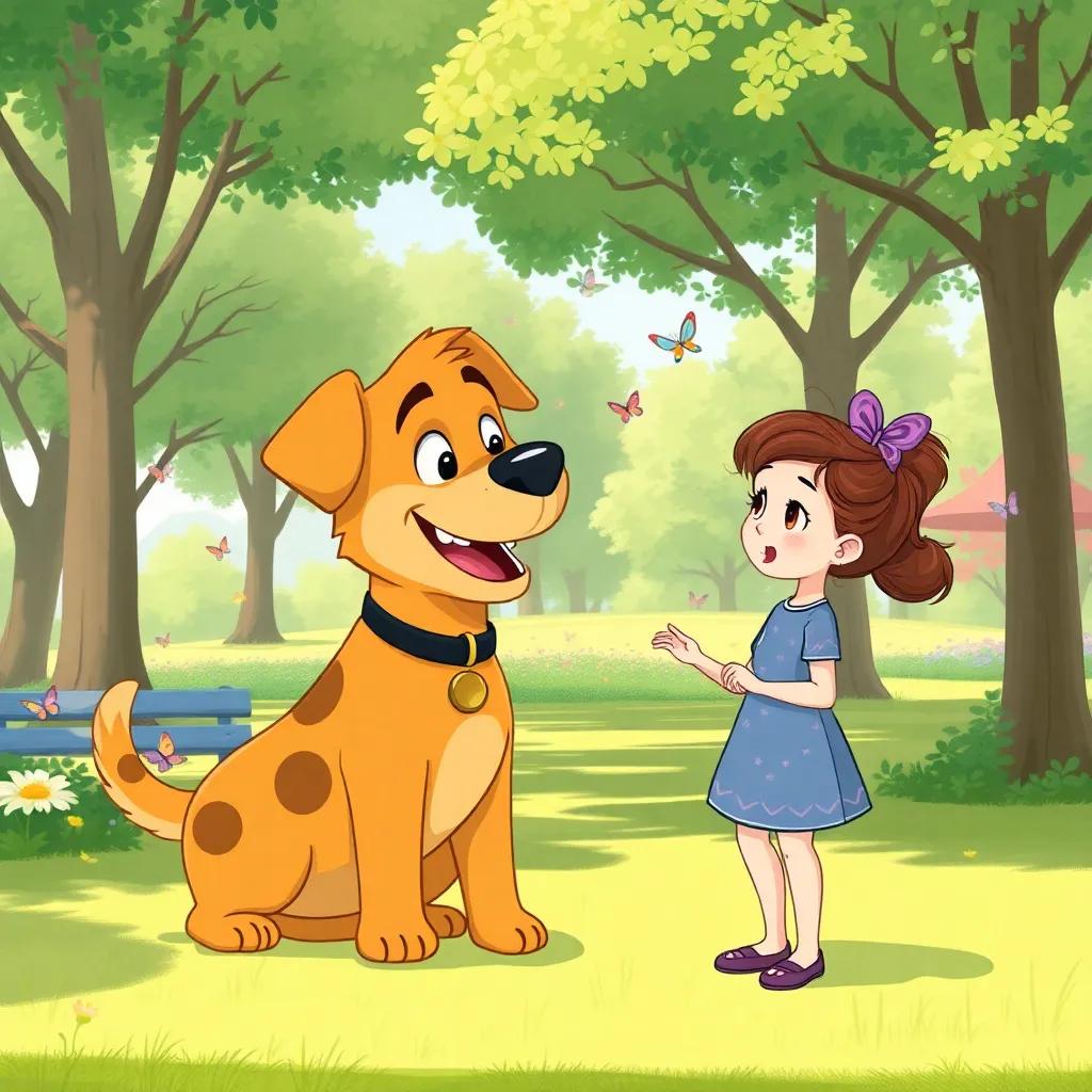 A big happy dog named Rex, approaching Lila, trying to cheer her up, in a sunny park, with butterflies flying around, illustration, friendly and vibrant scene, child-friendly