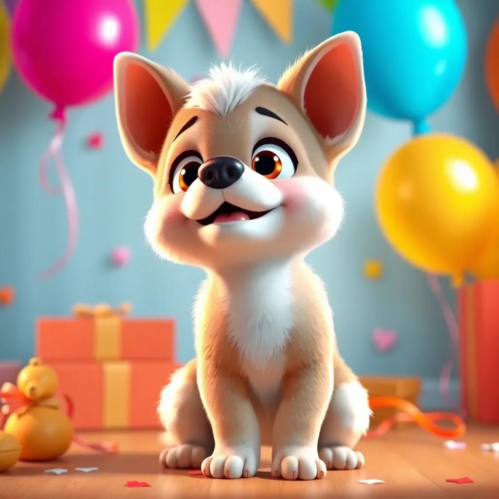 A small clever puppy named Teca with shiny fur, hatching a plan, looking excited, with decorations and colorful balloons in the background, cheerful art style, bright colors, uplifting