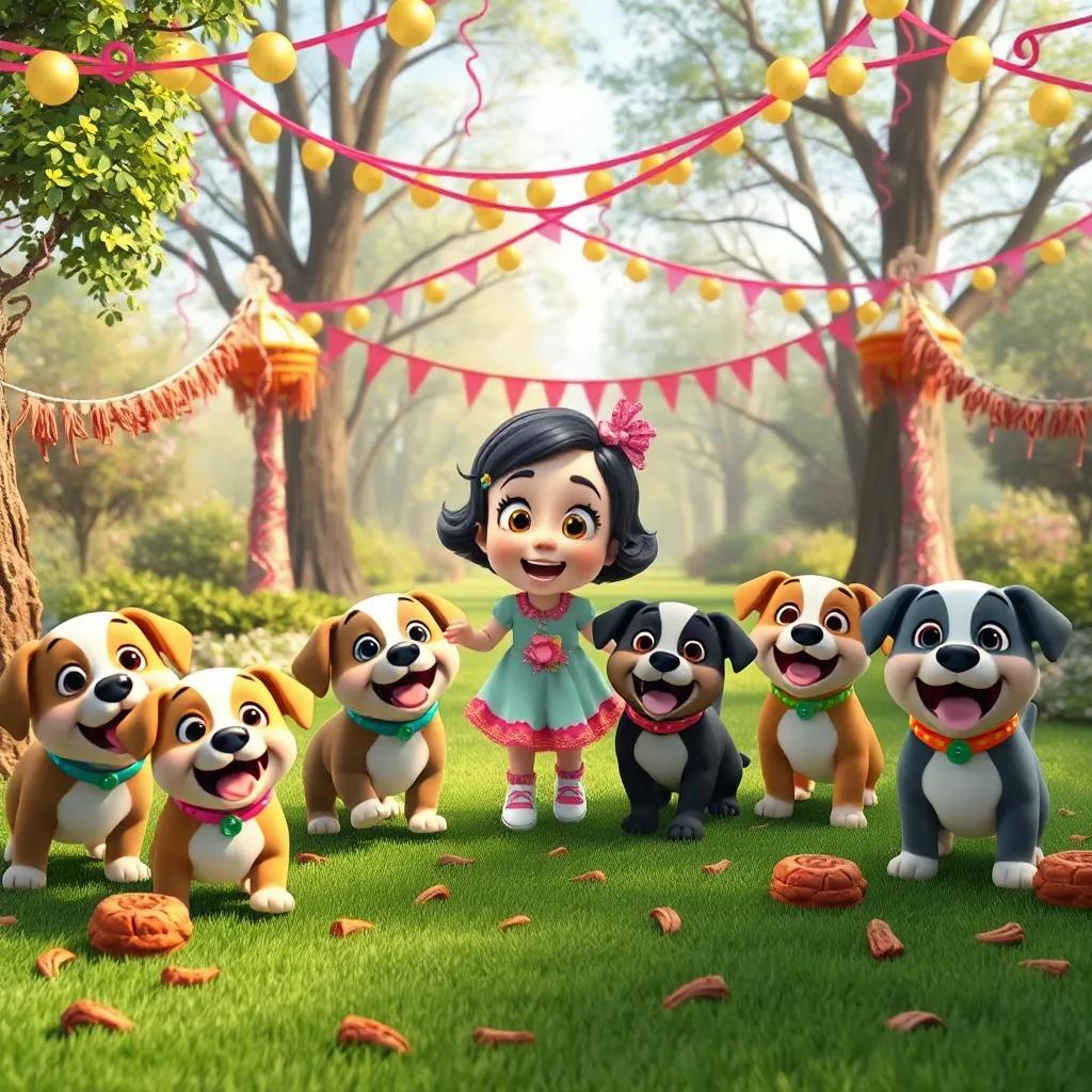 Lila entering a decorated park, with happy puppies greeting her for the surprise party, colorful streamers and meat treats around, digital art, heartwarming and joyful atmosphere, high quality