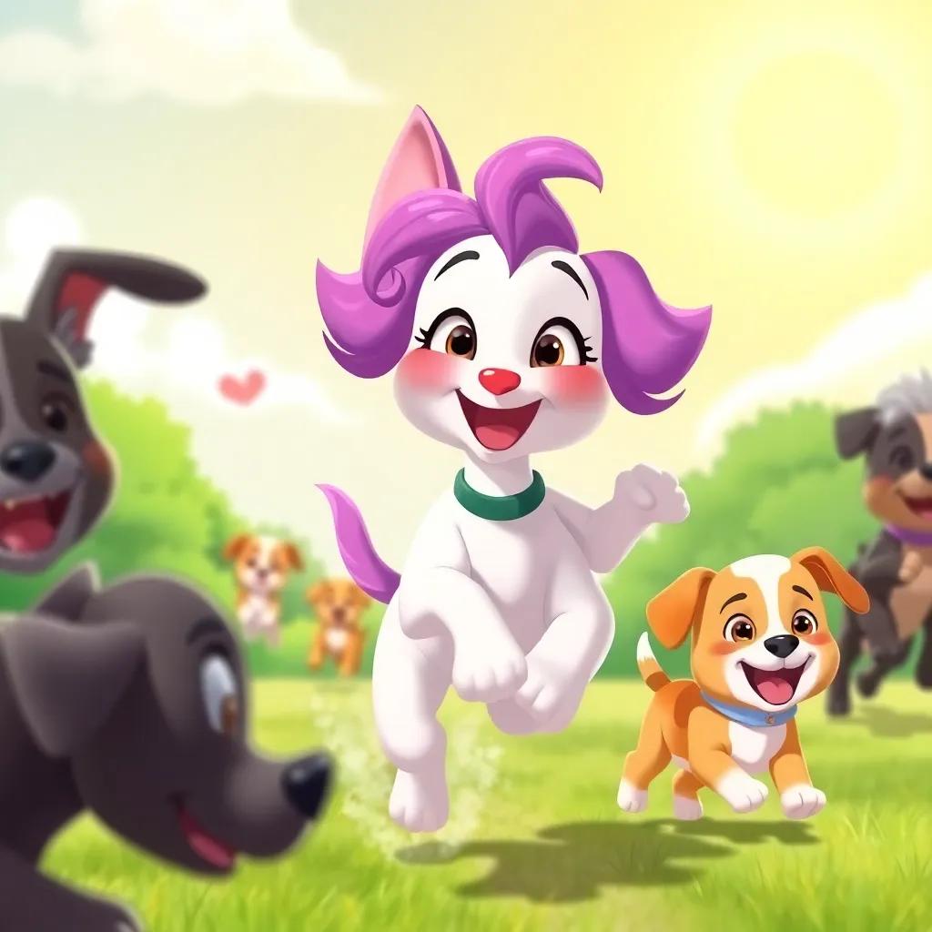 A joyful scene of Lila playing with other puppies, running and jumping, with a sunny sky, illustration, vibrant colors, fun and energetic mood, high quality