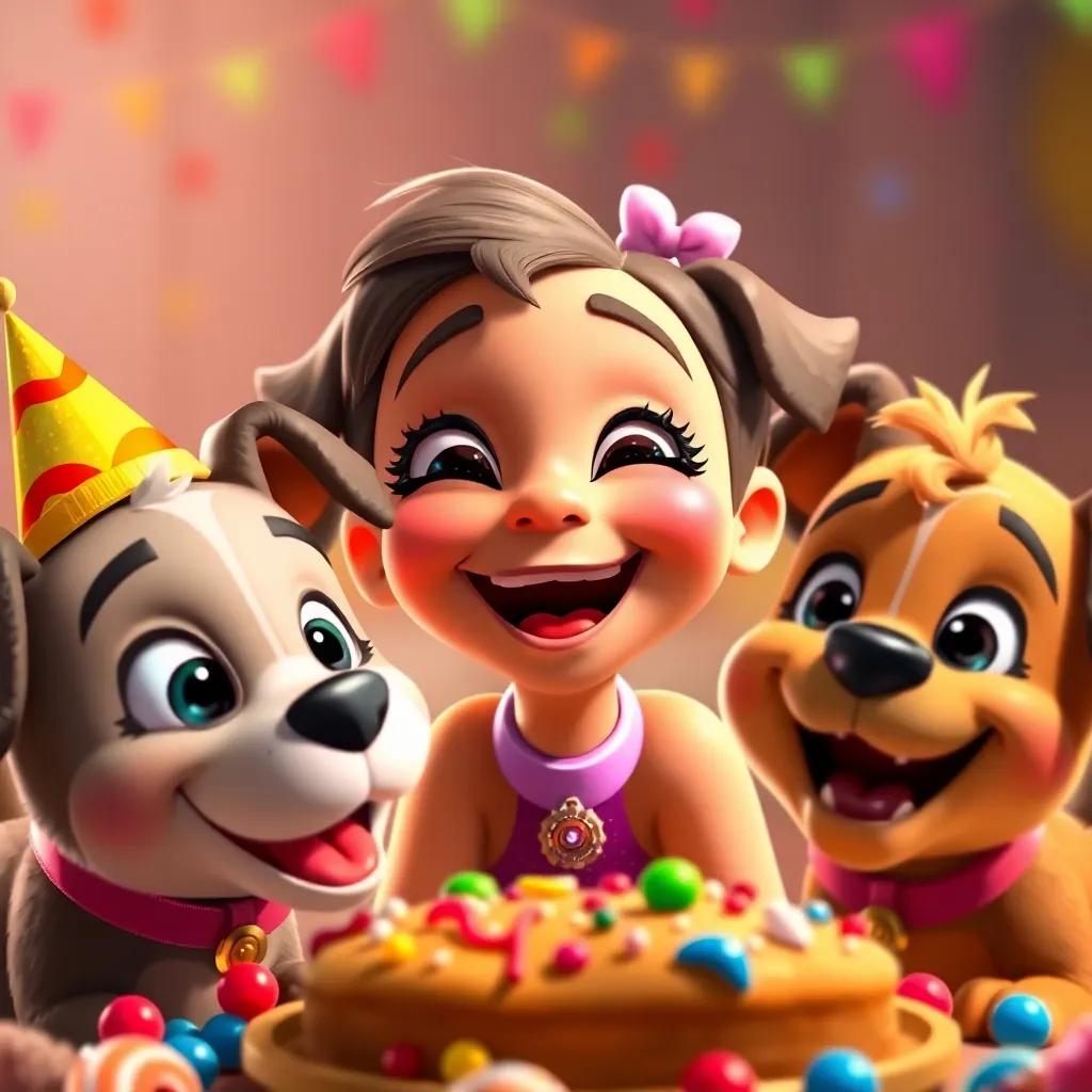 A close-up of Lila laughing with her puppy friends Rex and Teca, enjoying the party, surrounded by colorful treats, digital art, bright and cheerful colors, warm atmosphere