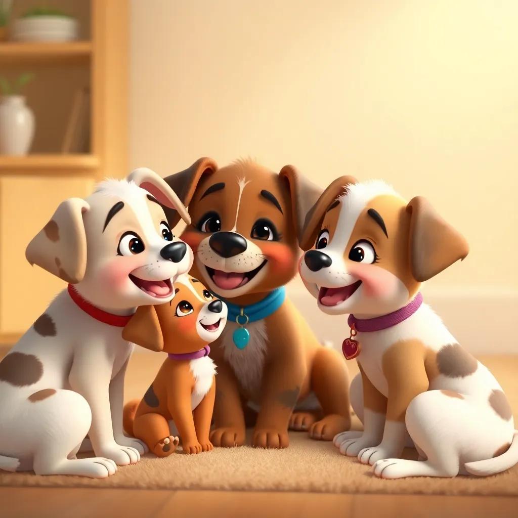 A cozy and cheerful puppy group talking, ensuring Lila feels cared for, with smiles and playful energy, heartwarming scene, soft colors, digital art, high quality