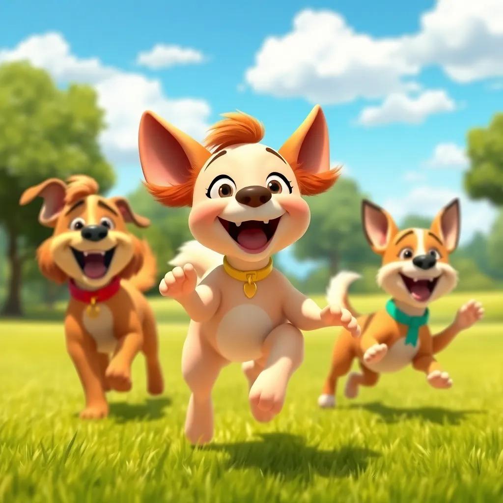 Lila happily barking and playing with Rex and Teca, running in the park, with a blue sky and fluffy clouds, joyful atmosphere, cartoon style, bright and vibrant