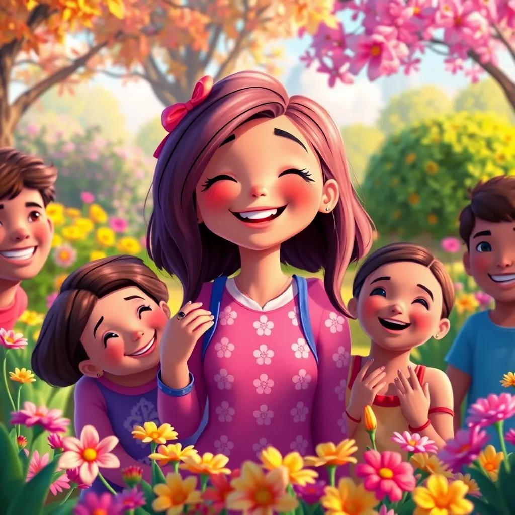 Lila with a bright smile, surrounded by her friends, feeling grateful and loved, in the colorful park with flowers, digital painting, high quality, warm colors