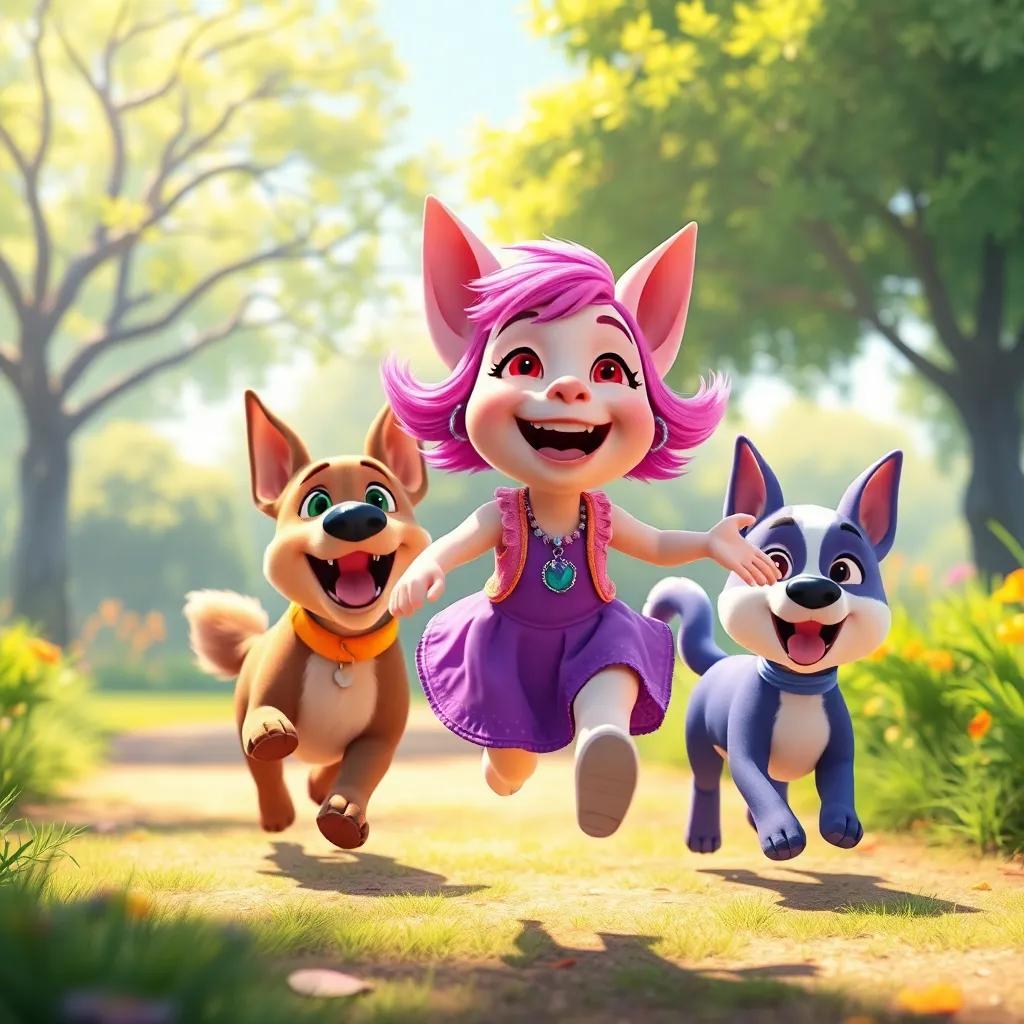 Lila, always happy now, running joyfully around the park with Rex and Teca, cheerful and playful atmosphere, sunny day, digital art, vibrant and colorful scene